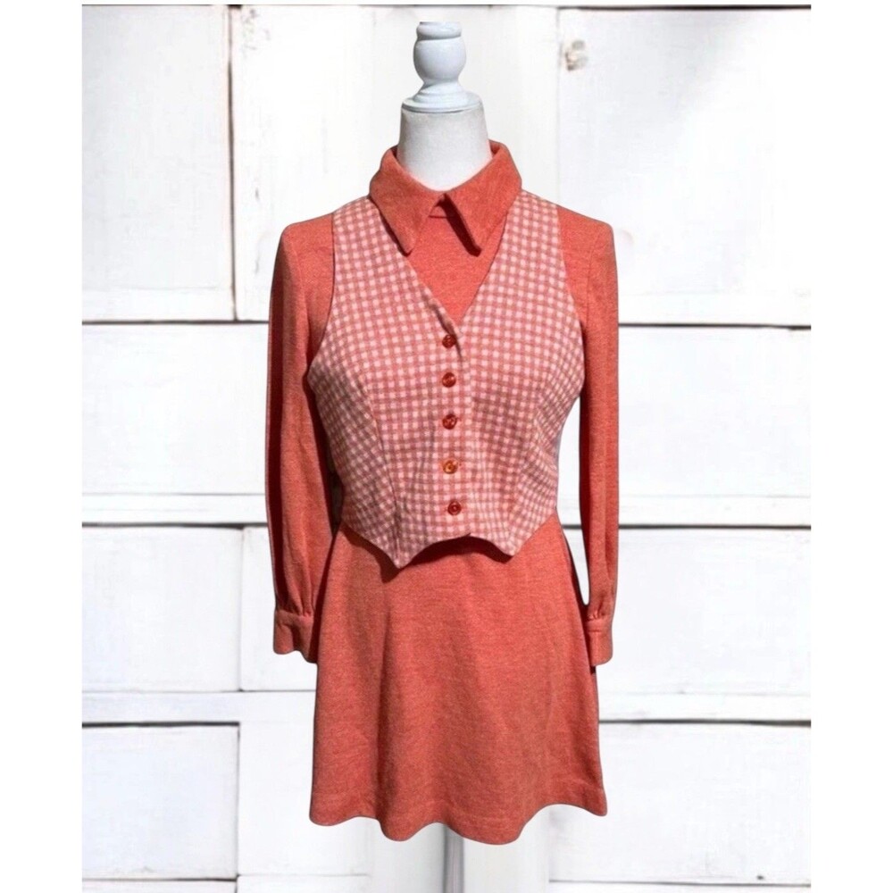 Vtg 60s Union Made Mod Mini Dress Vest Set Gingham Check Peach Knit Twee S-M 28”